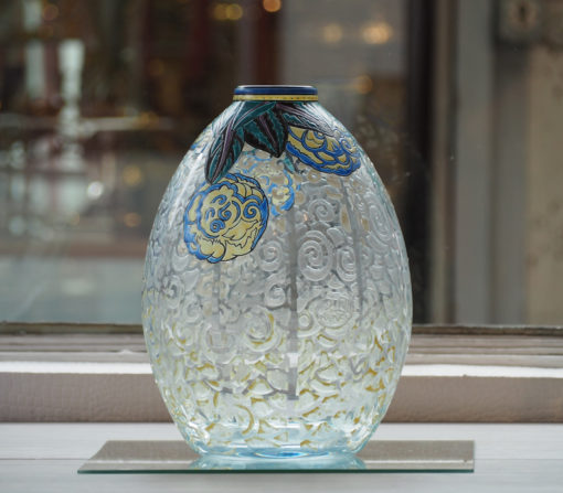 Exceptionnel vase Andre Delatte Nancy Art Deco email Enameled Glass Galerie Maxime Marché Vernaison